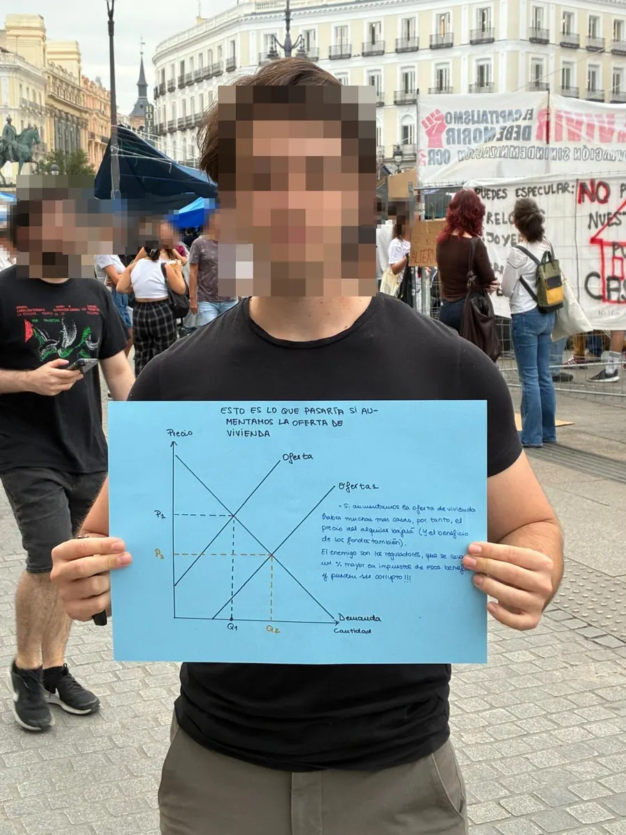 Un joven con la cara pixelada, en plena acampada de la Puerta del Sol, sostiene una cartulina azul con un gráfico de oferta y demanda titulado «Esto es lo que pasaría si aumentamos la oferta de vivienda»: al desplazarse la oferta, el precio baja de P1 a P2 y la cantidad sube de Q1 a Q2
